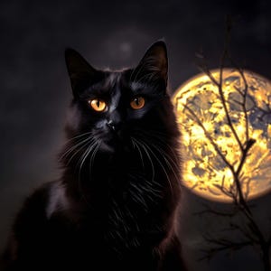 May include: A black cat with bright orange eyes is the focal point of this image. The cat is set against a dark background with a full, glowing moon and a bare tree branch. The cat's fur is long and fluffy.