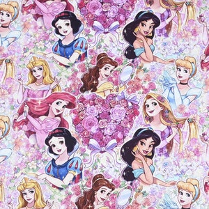 Disney Multi Princess Fabric Snow White Cinderella Ariel Jasmine Rapunzel Fabric Cartoon Anime Fabric 100% Cotton Fabric By The Half Yard