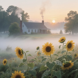 May include: A tranquil rural scene at sunrise, showcasing a farmhouse and a field of sunflowers. The sunflowers, with water droplets, stand out against the soft mist. Smoke ascends from the chimney of the house, creating a peaceful atmosphere.