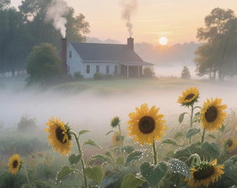 Countryside Morning Fabric Panel, 21“ × 21“ Panel, Sunflower Mist Landscape Print Fabric, Quilting Cotton Fabric