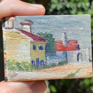Quadretto Città Colorata su legno. Pittura a Olio Originale Handmade 5x4 cm.