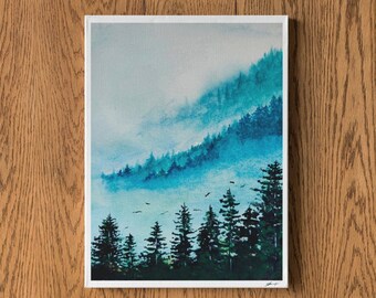 手描きの水彩画、霧の森、自然愛好家の壁アート、デジタルプリント