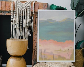 Printable digital painting wall art boho abstract mountain landscape soft natural orange an teal