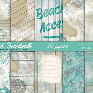 May include: Ten digital scrapbook papers featuring a beach boardwalk theme. The papers have a distressed, vintage look with blue and brown tones. The papers are 8.5 inches by 11 inches and 300 dpi.