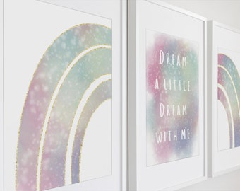 Three print set digital download rainbow watercolor pastel stars nursery room kids room wall art