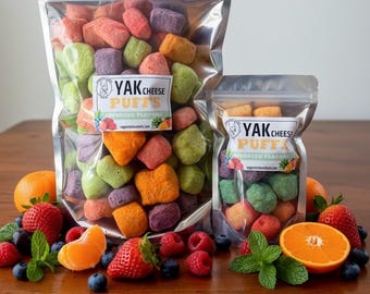 Assorted pack yak cheese puffs . Variety fruit flavors crunchy treats for dogs