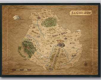 Carte de la Côte d'Or (Bourgogne) style ancien et fantasy (map digitale imprimable en téléchargement)