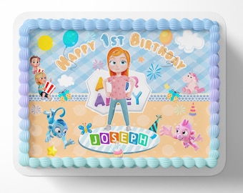 Bonita hoja de adorno comestible para tarta de cumpleaños para niña, con imagen de Abley Kids, glaseado personalizado
