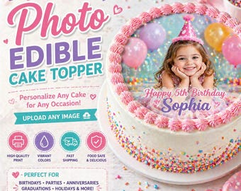 Adorno comestible personalizado para pastel redondo de 10 a 28 cm (4"–11") Imagen personalizada para pastel / Adorno para pastel de cumpleaños Sube tu foto