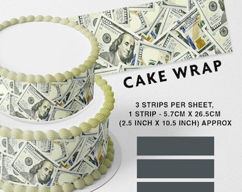 Tiras de glaseado comestible con diseño de billete de 100 dólares, impresas, para decorar pasteles, con borde de cinta.