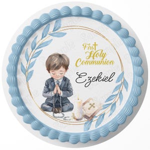 First Holy Communion Boy Cute Edible Image Cake Topper Sheet Custom Icing Round