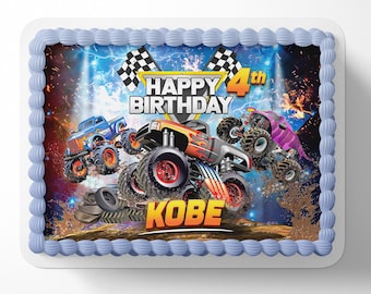 Adorno comestible para pastel de cumpleaños con temática de Monster Truck – Imagen personalizada para pastel de carreras – Adorno personalizado para pastel con foto