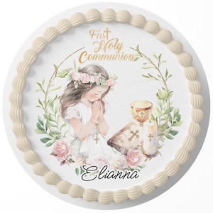 First Holy Communion Girl Cute Edible Image Cake Topper Sheet Custom Icing Round