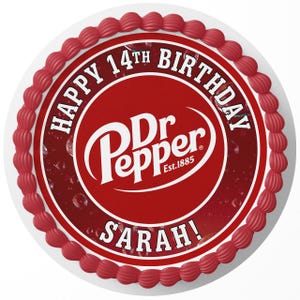 May include: A round cake with a red and white Dr. Pepper logo in the center. The cake is decorated with red frosting around the edge and the words "HAPPY 14TH BIRTHDAY SARAH!" in white text.