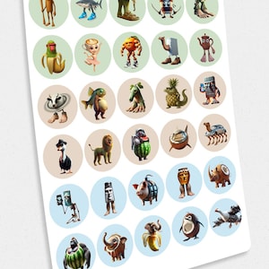 May include: A sheet of stickers featuring whimsical cartoon characters. Each character is a unique combination of an animal and an everyday object, such as a shark wearing sneakers or a banana with an elephant trunk. The stickers are round and set against a light background.