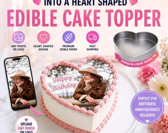 Adorno comestible personalizado para pastel con forma de corazón, adorno para pastel con foto, adorno personalizado para pastel de cumpleaños, imagen comestible, adorno personalizado con foto.