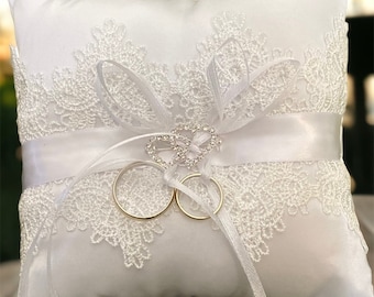 White Lacy diamanté heart ring bearer pillow