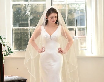 April - Elegant Ivory Tulle one tier Wedding veil with sewn edged, Ivory chapel length veil, Ivory Cathedral veil