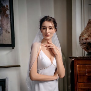Pearl beaded embellished edged classical one tier wedding veil, Ivory Pear Beaded Wedding Veil, One Tier Wedding Veil