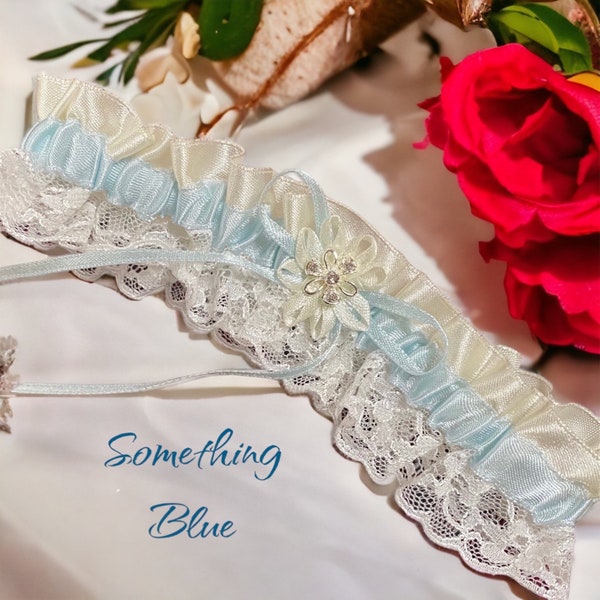 Brides blue and white lace wedding Garters, something blue wedding garter