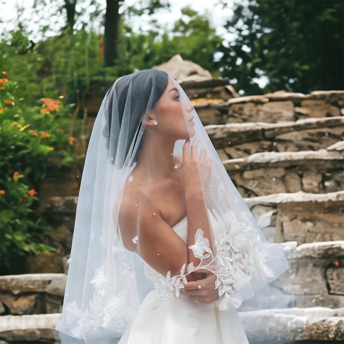 Two Tier Elbow Length Luxury Pearl Beaded Wedding Veil