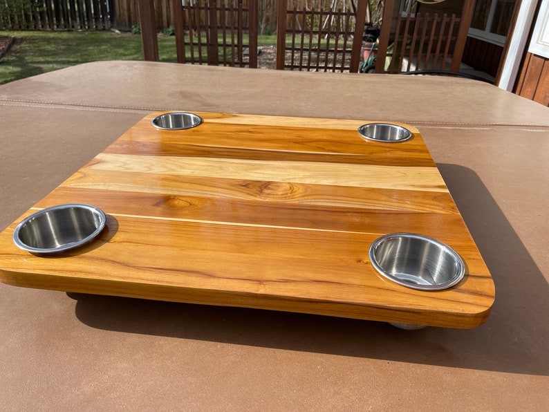 Solid Teak Boat Table in W/ 4 Stainless Steel Cupholders. Adapt Your