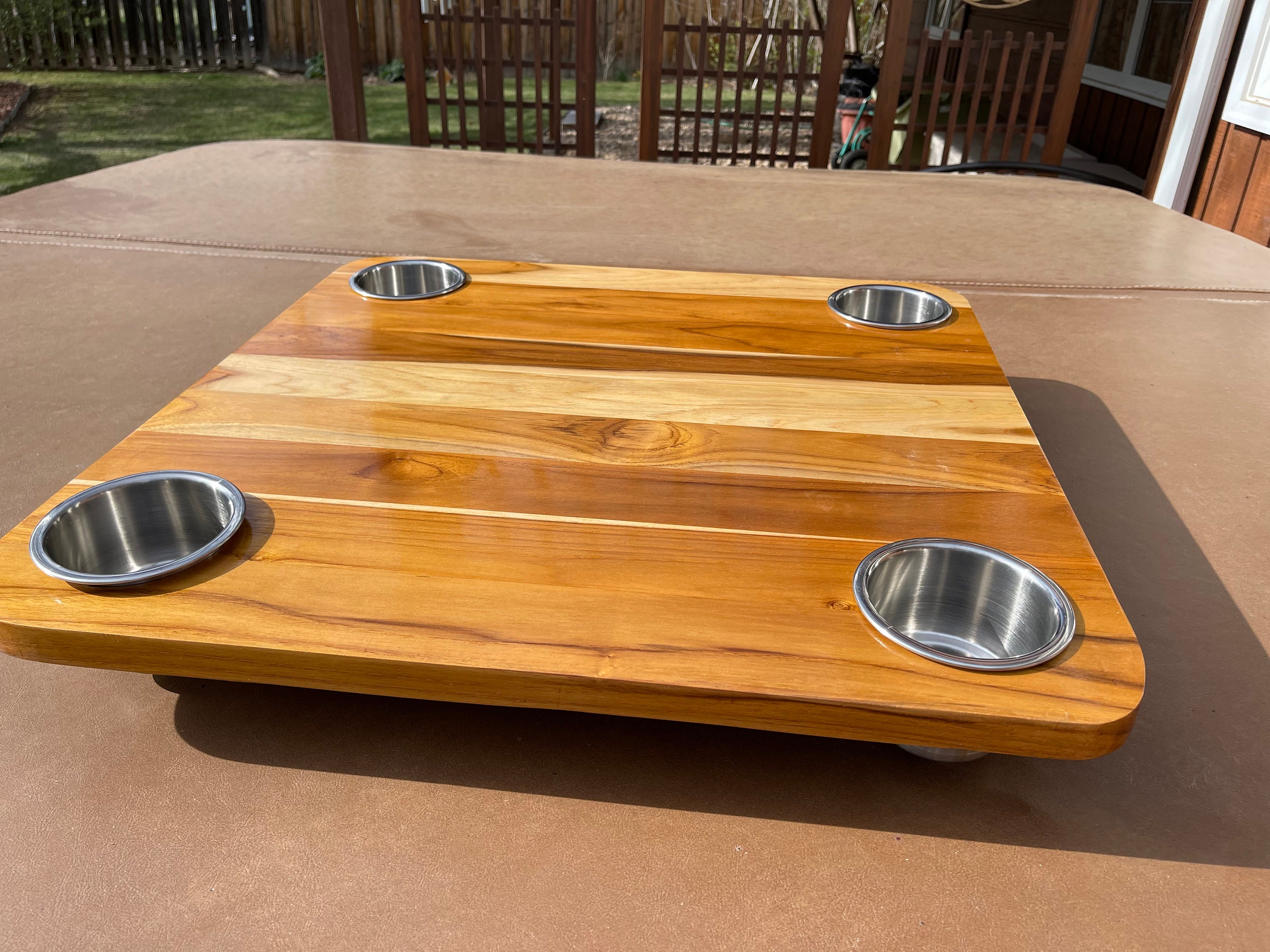 Solid Teak Boat Table W/ 4 Stainless Steel Cupholders Etsy