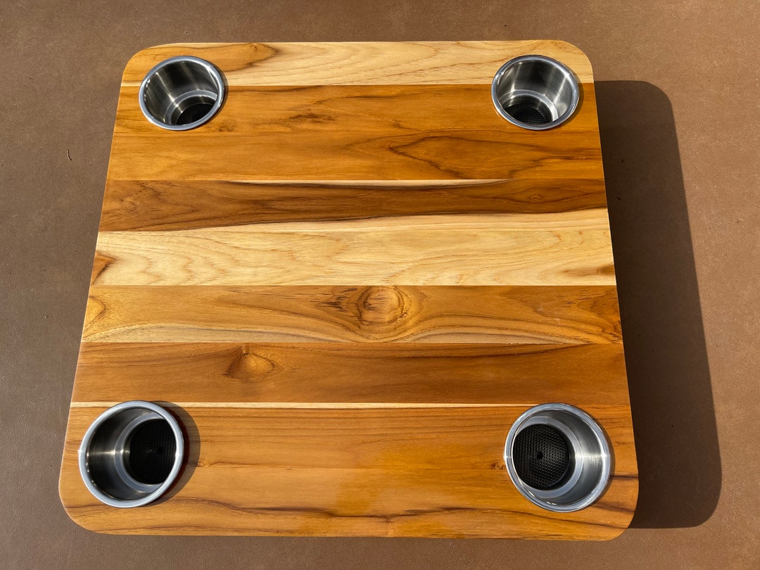 Solid Teak Boat Table W/ 4 Stainless Steel Cupholders Etsy