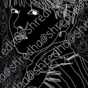 May include: A black and white line drawing of a person's face with the word "SUGA" in purple text below the face.
