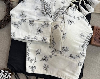 Handmade Khadi Cotton Handloom Saree With Embroidery Aura Cotton Lining Blouse & Latkan