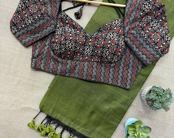 Khadi Cotton Saree with Handmade Tassels & Pure Ajrakh Cotton Lining Blouse
