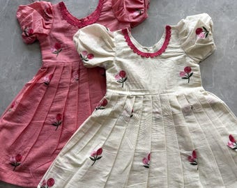 Pure Mul Cotton Kids Short Gown, Embroidered Baby Girl Dress, Puff Sleeve Toddler Gown, Floral Cross Stitch Hand Embroidered Baby Girl Dress