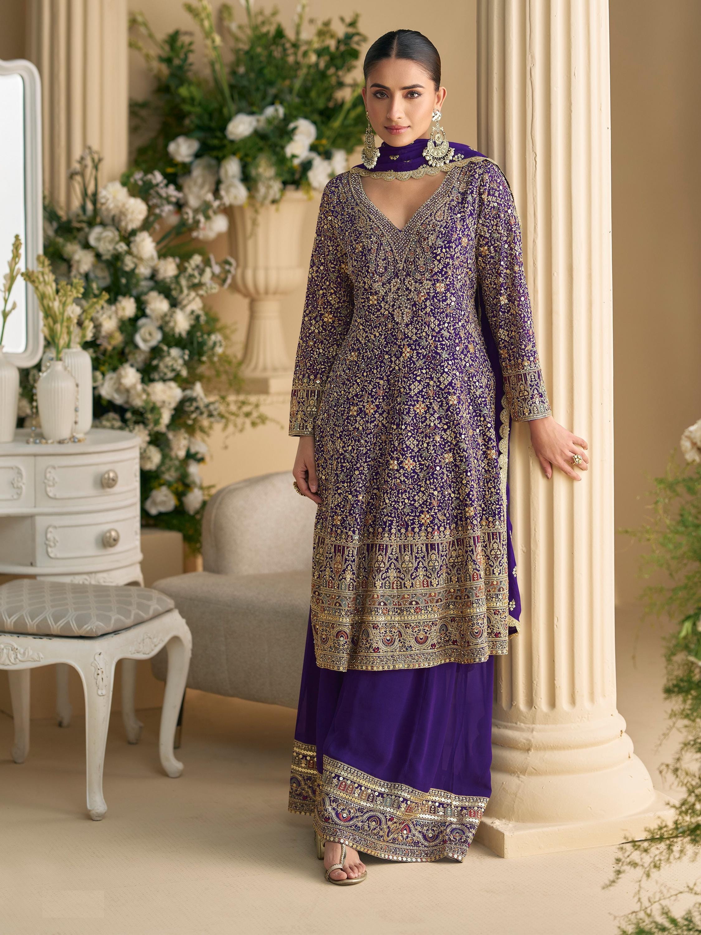 Pakistani Designer Readymade Georgette Kurta with embroidery Work, Sharara and Dupatta Set,Beautiful 3 piece Partywear/Wedding Salwar kameez