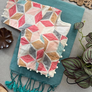 Handgjord Khadi bomullssari med handvävd bomull och broderi, Aura bomullsfoder, blus och Latkan