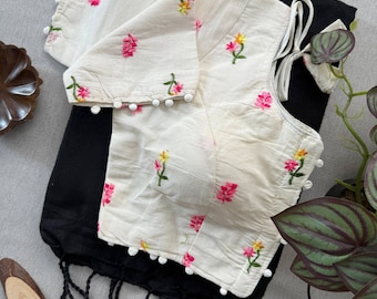 Handmade Khadi Cotton Handloom Saree With Embroidery Aura Cotton Lining Blouse & Latkan