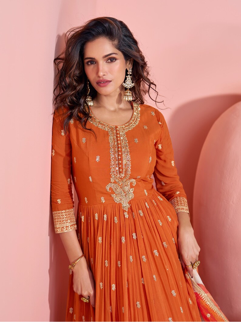 Peacock Chinon Floral Print Girlish Anarkali Suit With Beautiful hand embroidery work on Neck main image 1