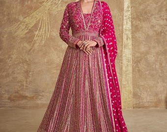 Abito da sposa in georgette pesante Anarkali, abito da lavoro con ricami firmati, elegante abito da damigella d'onore pakistano, abito elegante, dupatta per donna