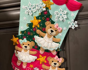 Hand-Stitched Felt Christmas Stocking – Starlit Stage (with Ballerina Bears), Merry Stockings Pattern