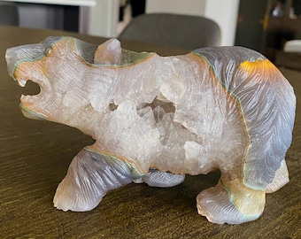 Quartz Druzy Blue Agate Bear Carving