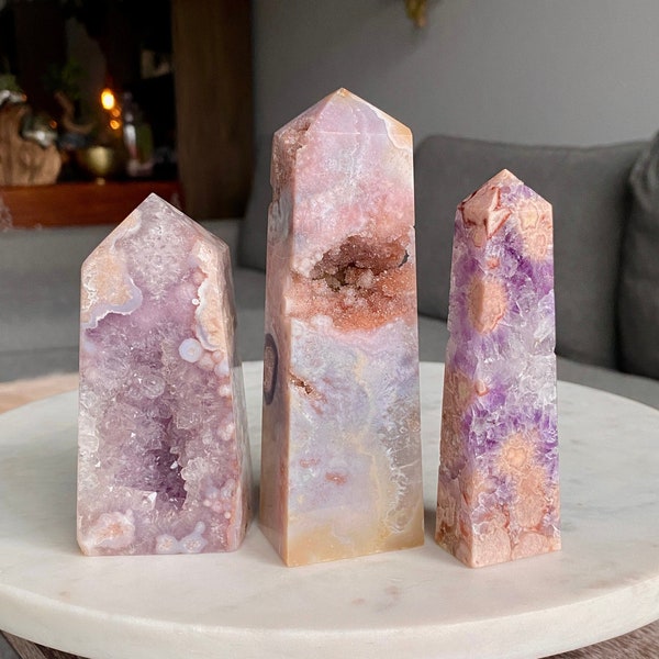 High Quality Pink and Purple Flower Agate Druzy Towers