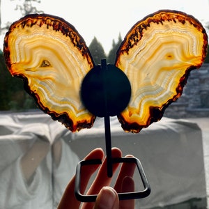 May include: An agate slice ornament, shaped like butterfly wings, displayed on a black metal stand. The agate has layers of orange, yellow, and white, with dark brown borders. The stand includes a circular element and a square base.
