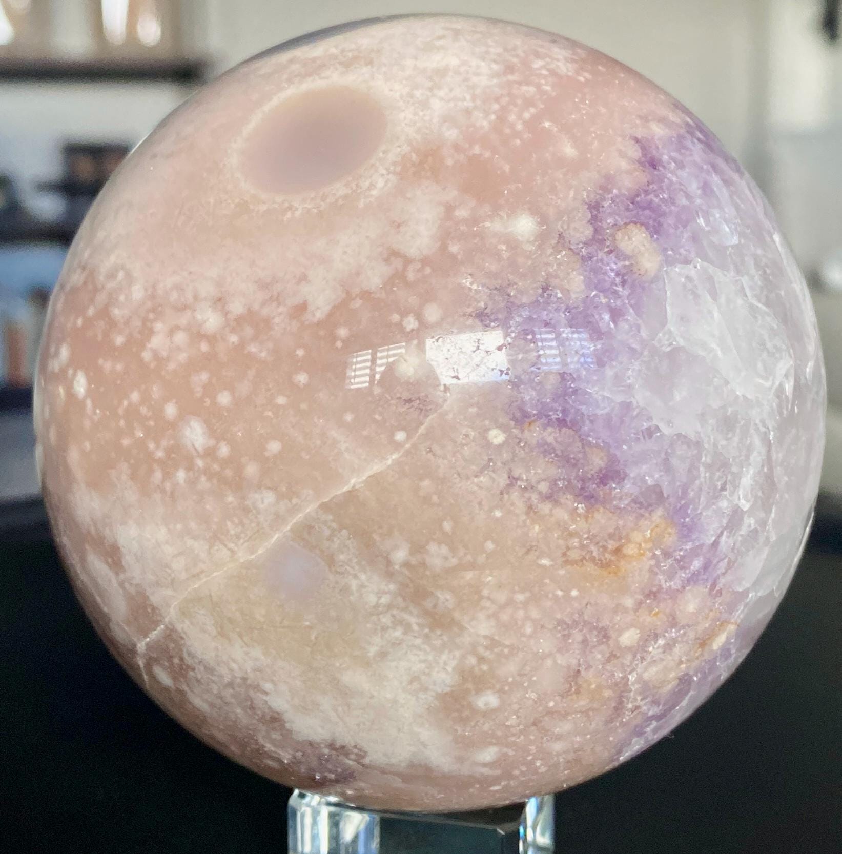 高品質 ピンクアメジスト フラワーアゲート 共生スフィア ピンクアメジストxフラワーアゲートの断面プレート Look inside