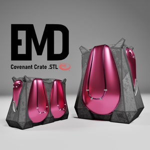 May include: Two gray and pink 3D printed boxes with the text "EMD Covenant Crate .STL" on the top. The boxes have a futuristic design and are made of a textured material.