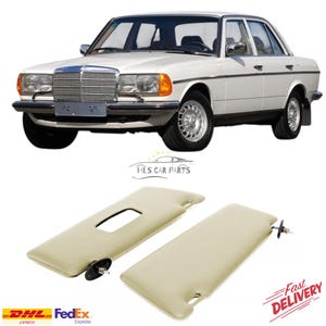 Puede incluir: Un sedán blanco vintage con detalles cromados se muestra sobre dos parasoles beige. Los parasoles son rectangulares con un agujero y un soporte de montaje negro.