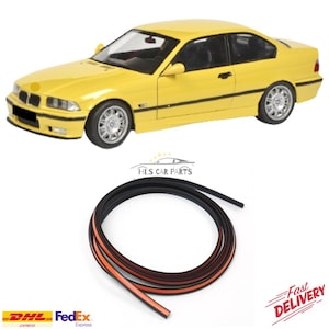 Könnte beinhalten: Ein gelbes Sportwagenmodell mit schwarzen Zierleisten und silbernen Rädern. Darunter befindet sich eine schwarze Gummidichtung mit einem orangefarbenen Streifen. Der Text "HLS CAR PARTS" ist enthalten.