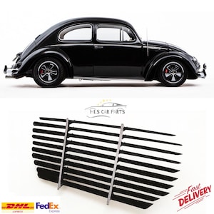 May include: A black vintage car with a curved roof and chrome detailing. Below the car is a black car part with horizontal slats and a silver frame. The text "HLS CAR PARTS" is visible.