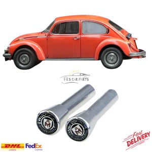 May include: An orange vintage car with a silver trim and black tires. Below are two silver car door lock knobs with the text "WOLFSBURG EDITION" and a logo. The image also includes the logos of DHL and FedEx.
