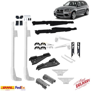 May include: An assortment of car parts, including white and black components, alongside a silver SUV. The image features various automotive parts, such as side rails and mounting brackets, with the "MR PARTS" logo visible.