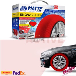 May include: A box of Matte Snow Socks, designed for snowy and icy conditions. The box features a red snow sock over a car tire, with the brand name and product details. The image also shows a car with a snow sock on its tire.