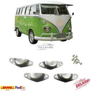 Puede incluir: Una furgoneta vintage verde y blanca con detalles cromados y techo blanco. Debajo, cuatro soportes metálicos plateados y un juego de tornillos. La imagen también incluye el texto "HLS CAR PARTS".